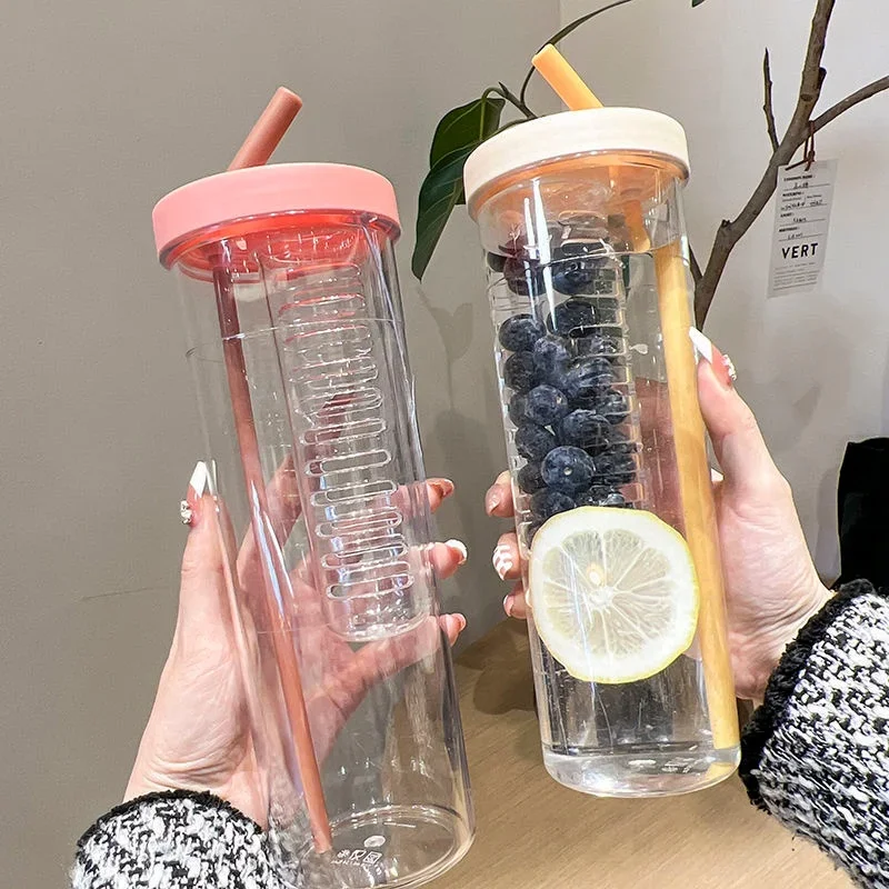 700ML Folding Straw Cup Transparent Large Capacity Water Bottles Portable Juice Cups Lemon Filter Cute Drinking Bottle for Girl