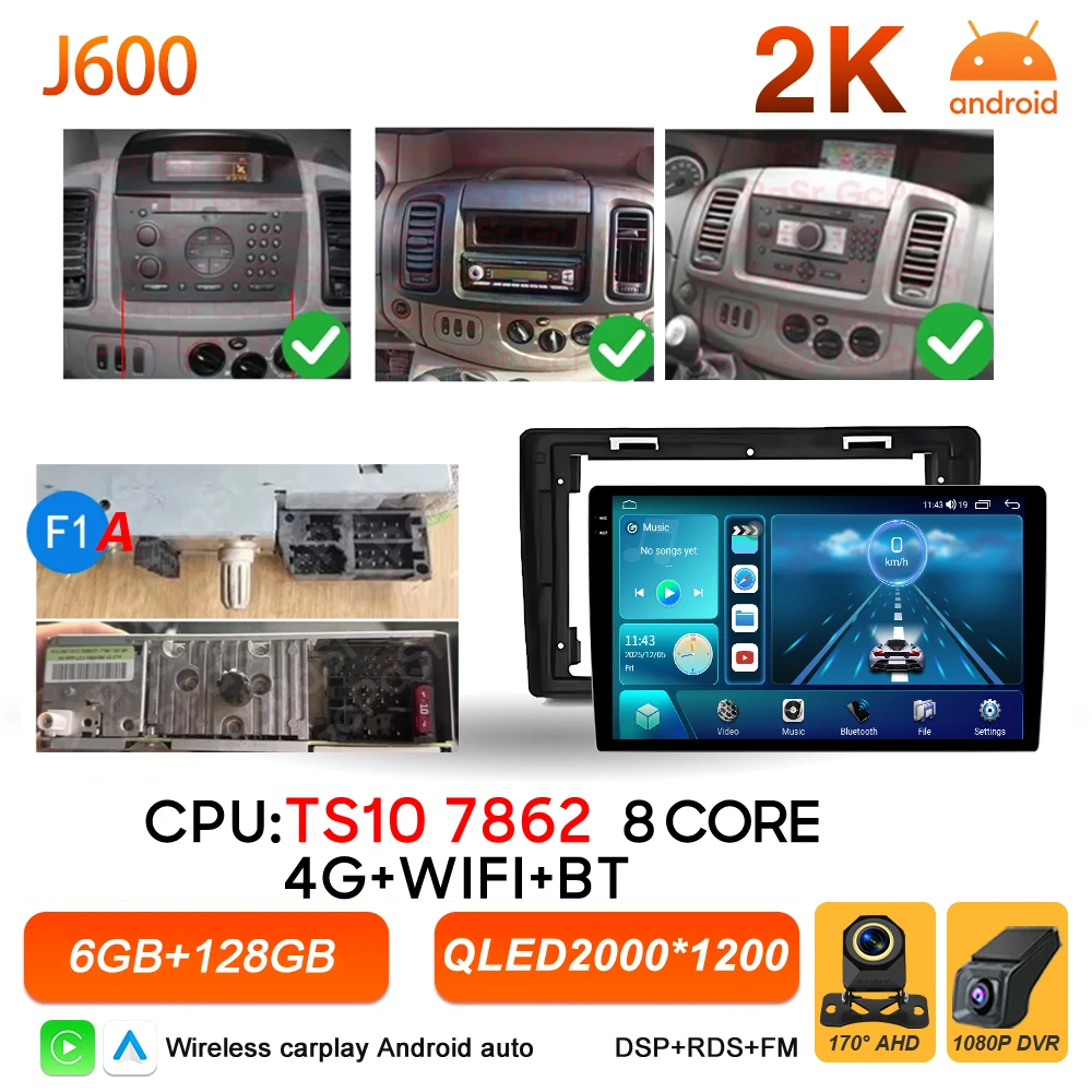 Android 16 autoradio voor Renault Trafic 2, Opel Vivaro A en Nissan Primastar 2001-2014, multimediaspeler met Carplay en GPS-stereo