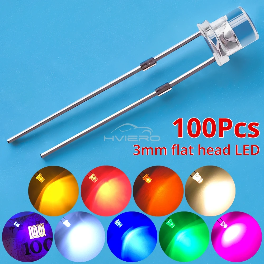 100Pcs F3 3mm 2pins Flat White Red Yellow Blue Green Pink Diode Led Wide Angle Light Emitting Diodes Lamp Ultra Bright LED Bulbs