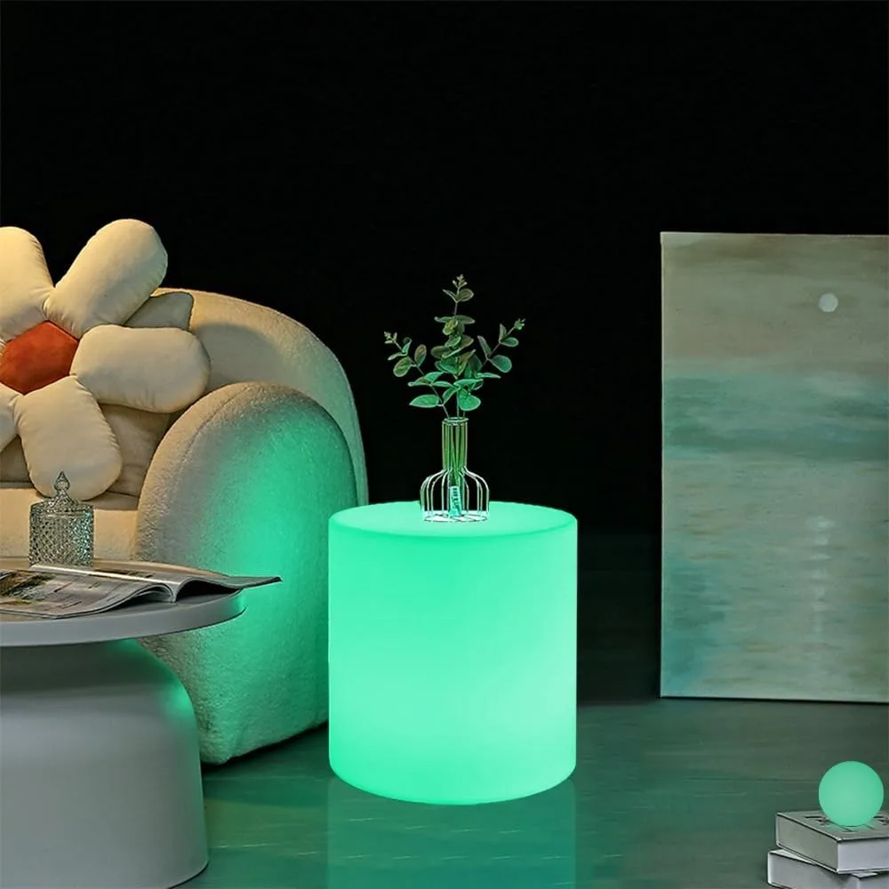 Tamborete de cilindro LED de 16 polegadas, cadeira brilhante LED recarregável com controle remoto, regulável 16 cores RGB mudando versátil assento lateral / mesa LED