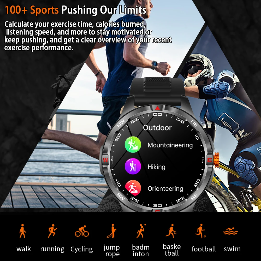 2025 New Model 1000mAh Battery Military Outdoor Smart Watch Men Sports Fitness Compass IP68 Waterproof Bluetooth Call Smartwatch