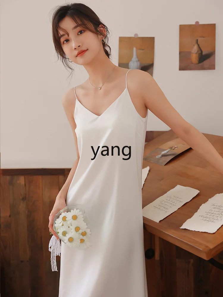 Yjq white lined skirt, suspender, bottom with chest pad, women's ice silk inner with long vest, dress, nightdress.