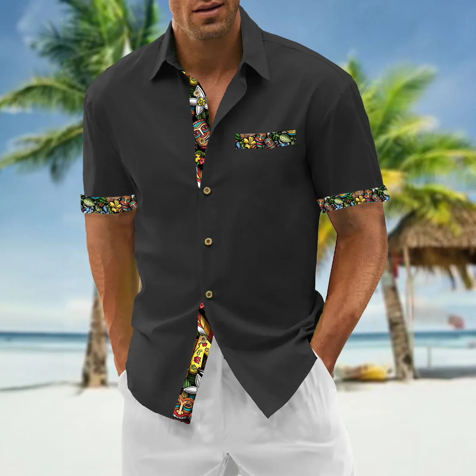 2024 New Men\'s Shirt Tiki Hawaiian Shirts For Men 3d Printed Short Sleeved Shirt Simple Casual Tops Loose Oversized Men Clothing