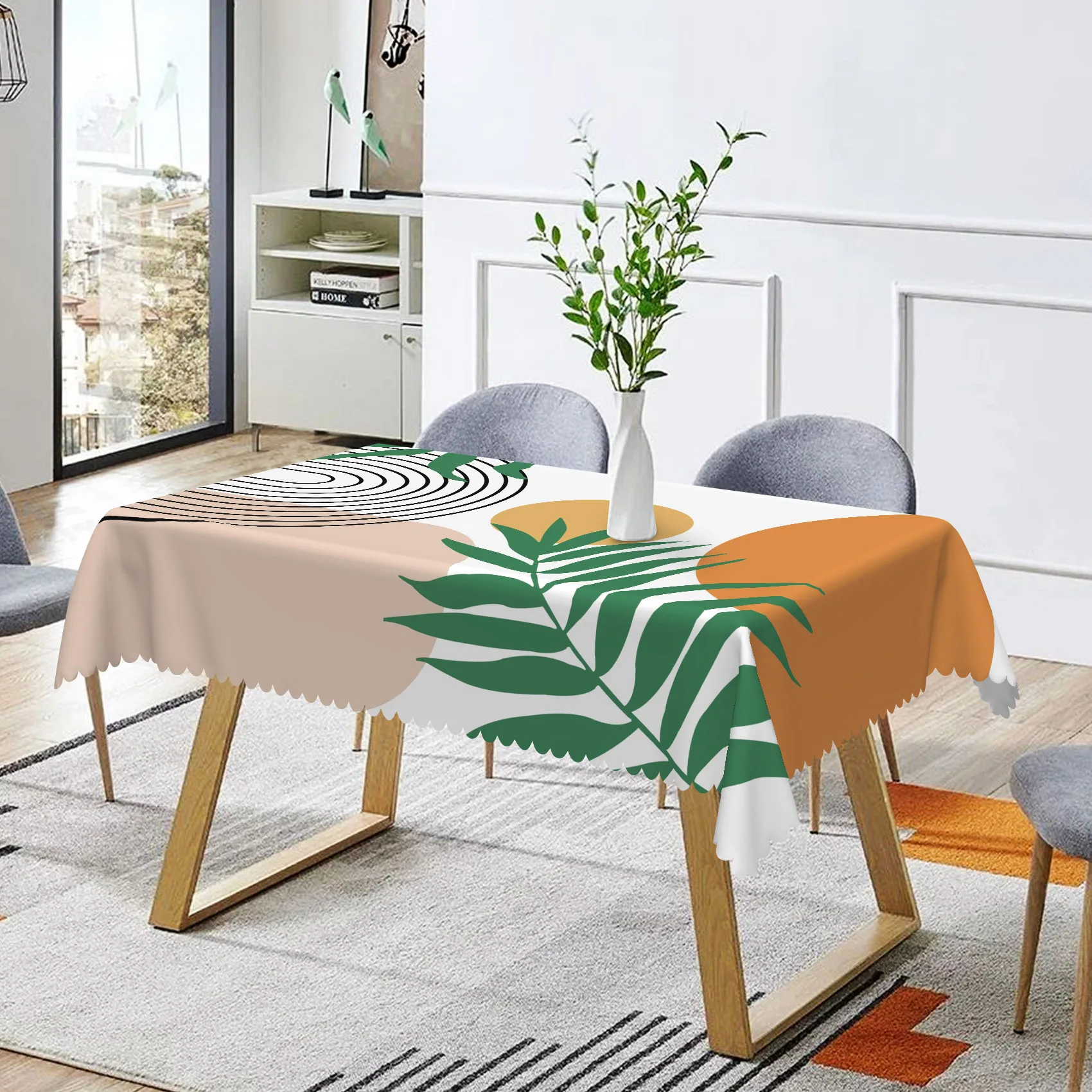 Modern Abstract Tablecloth with Leaf Pattern Scalloped Edge Polyester Waterproof Dining Table Cover for Home Kitchen Decoration