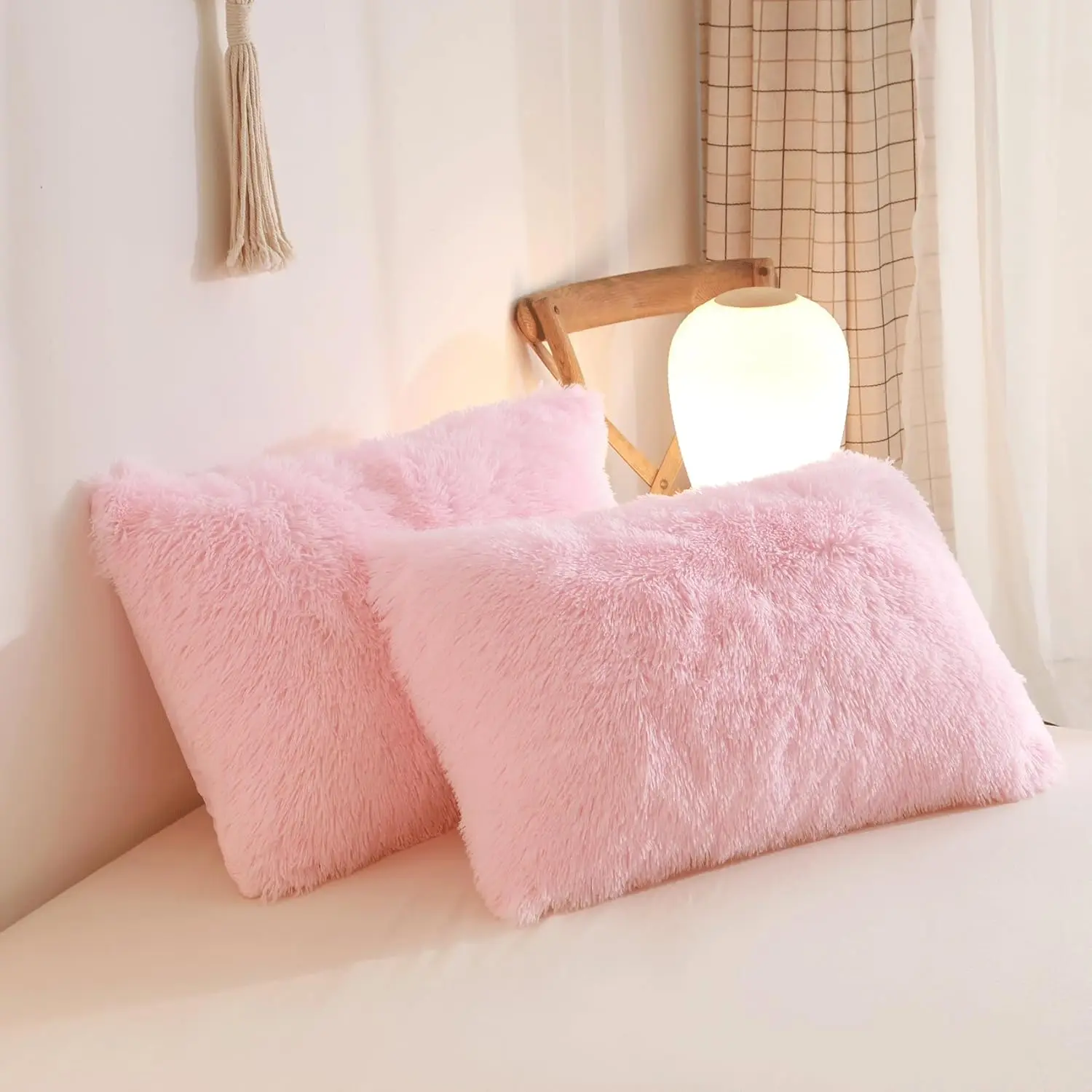 Soft Pink Furry Queen Bedding Set - 3 Piece Duvet Cover with Pillow Cases, Zipper Closure