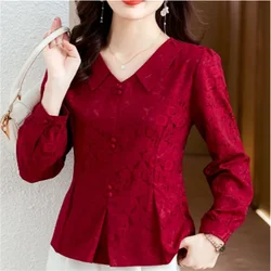 Retro Women's Shirt Jacquard Shirt For Women V-neck Long Sleeve OL Woman Blouses Vintage Pullover High end Feminine Blous Top