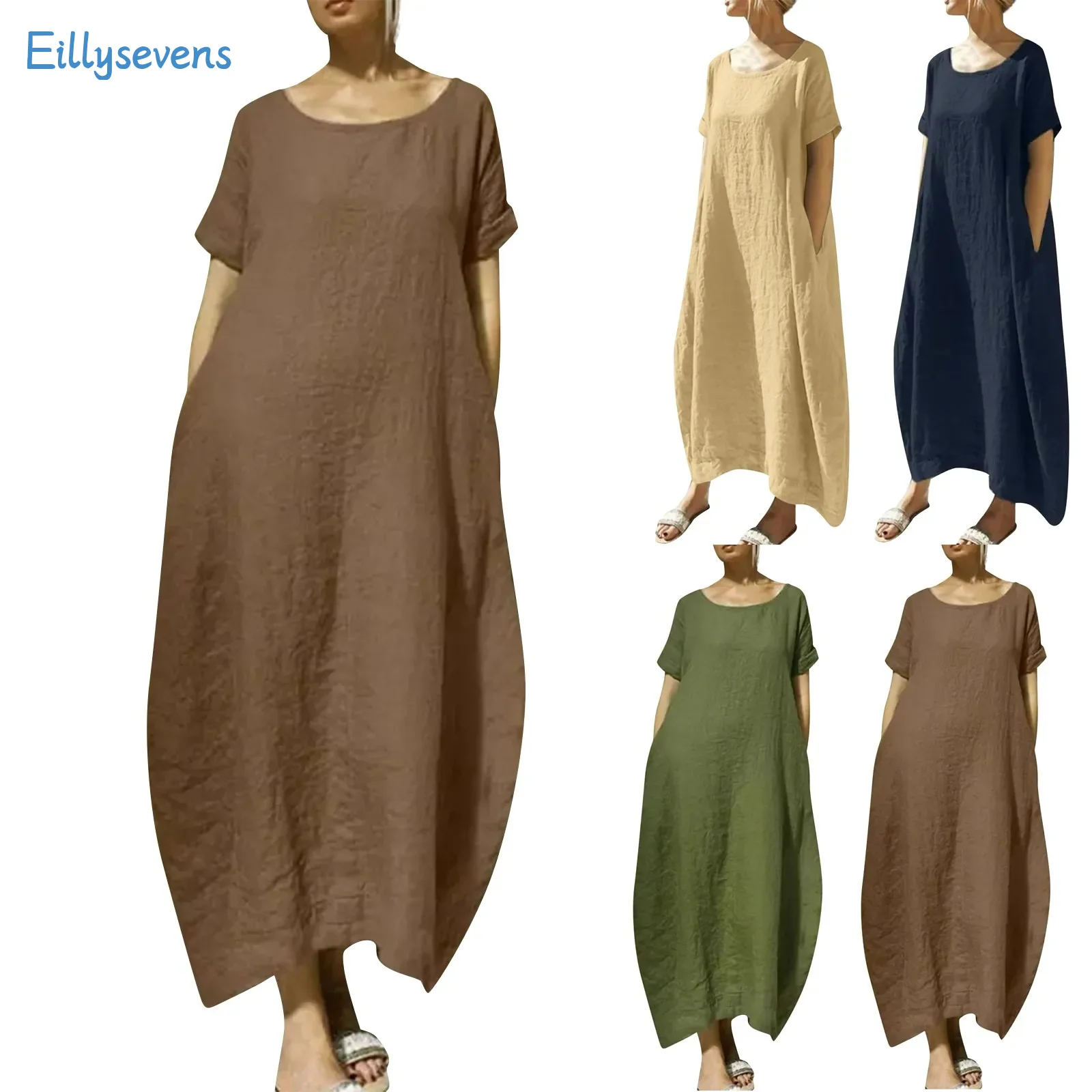 Women Cotton And Linen Dresses Large Size Loose Solid Simple Short Sleeved Round Collar Dress Casual Daily Commute Pocket Dress