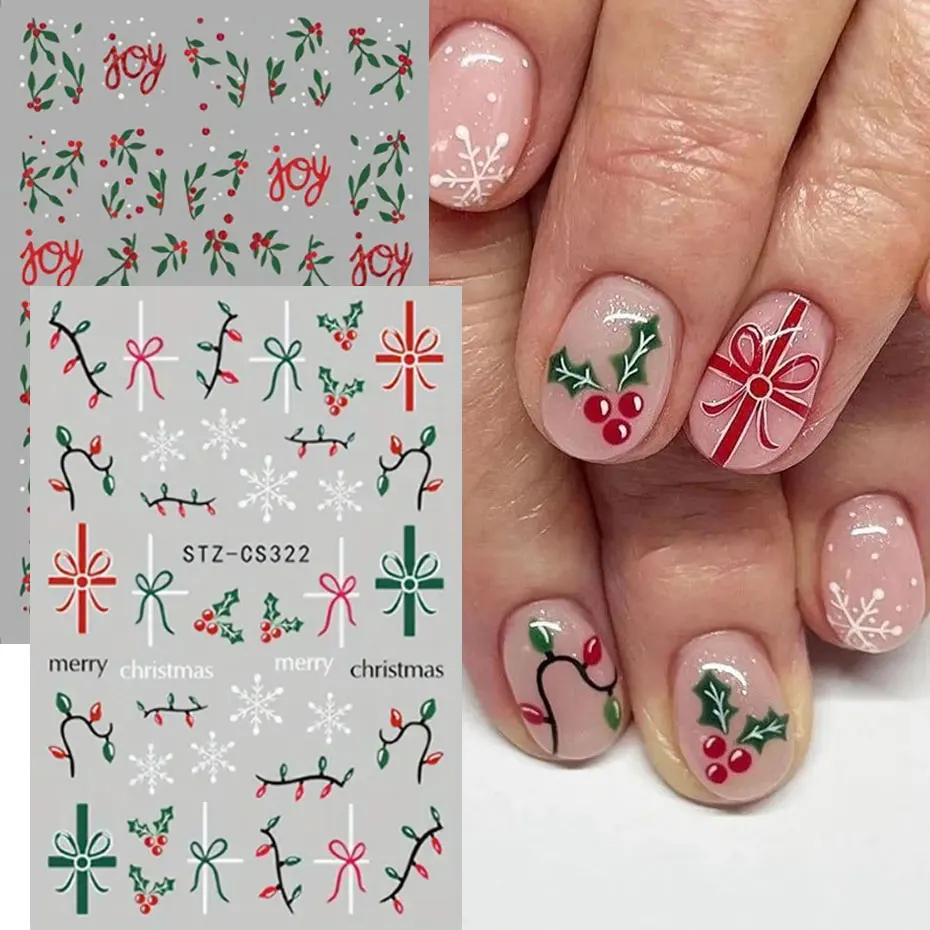2PCS Joy Christmas Holly Leaf & Color Light Nagelaufkleber Niedliche Winter Schneeflocke Schleife Nagelaufkleber Neujahrsklebendes Nagelzubehör