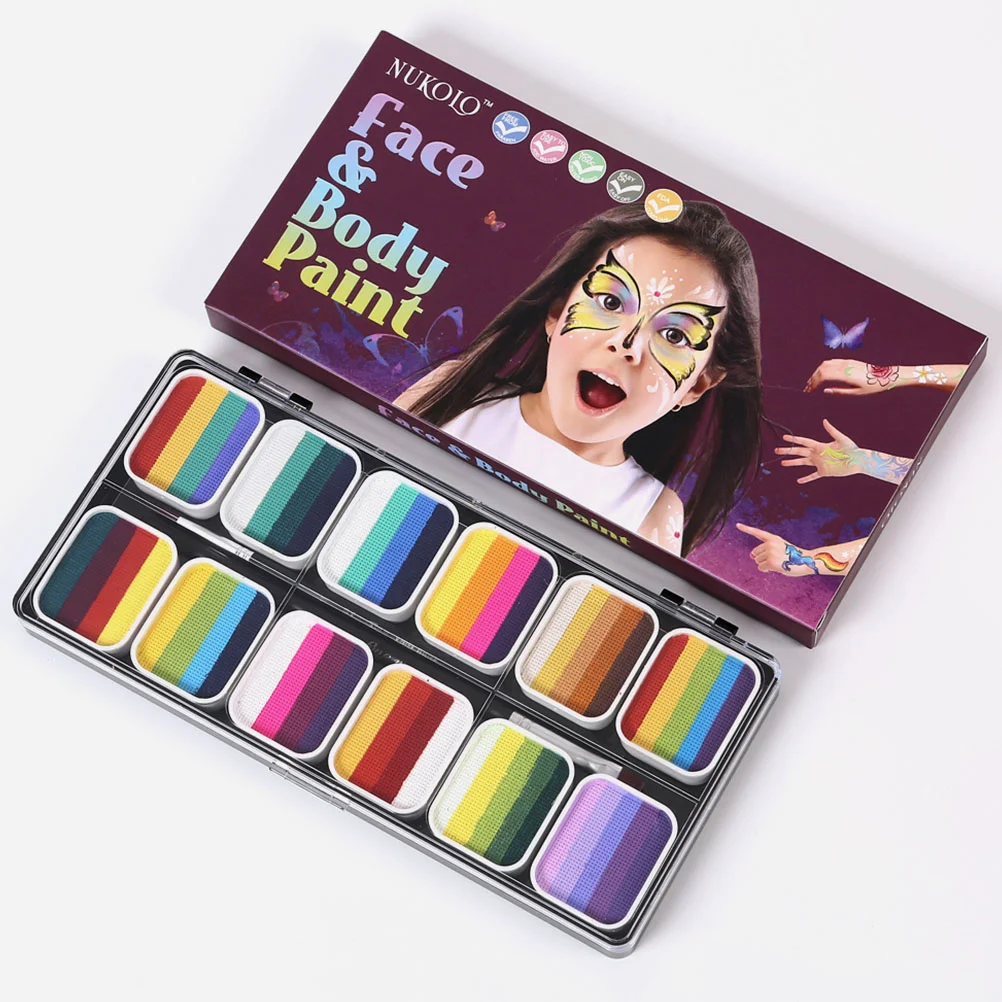 Juego de pintura de tiras de arcoíris lavables con degradado de 12 colores, Kit de pinturas faciales para niños, paleta de maquillaje para Halloween, cuerpo de bolígrafo