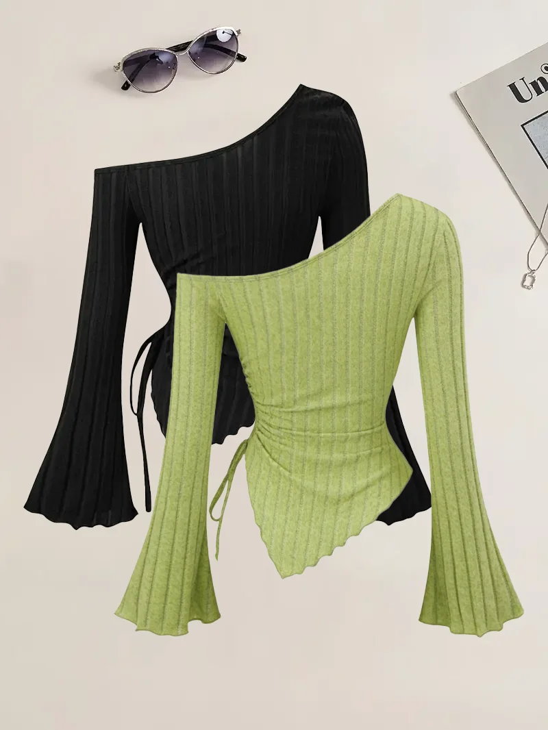 Fashion Women Off-shoulder Long Sleeve Sexy Slim T-Shirt Outdoor Casual Versatile Pullover Top Black Apple Green Two-Piece Set