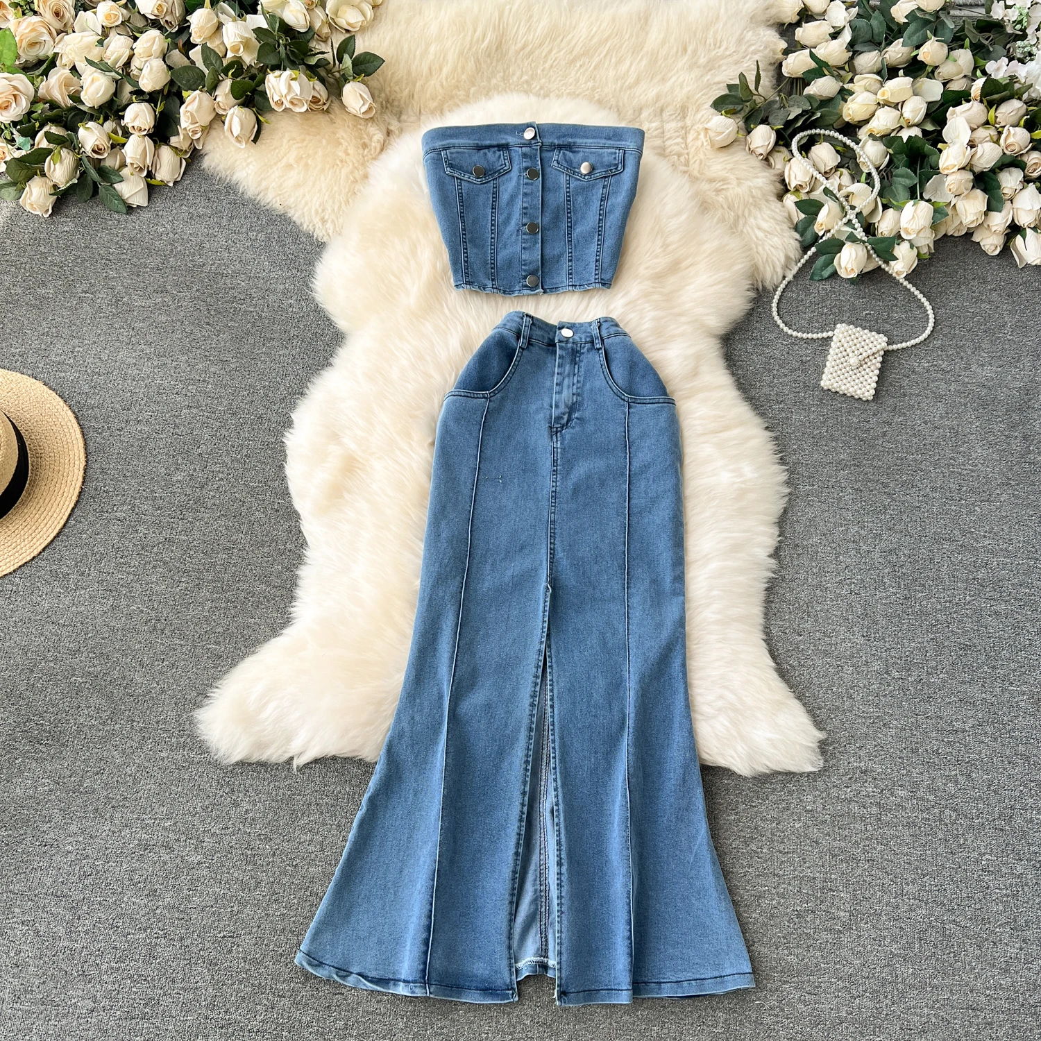 

Denim Skirt Sets Women 2 Piece Suit Strapless Top Long Skirts Outfits Sleeveless Washed Single Breasted Summer 2025 Ensemble