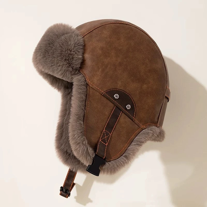 Vintage Lei Feng Hut für Männer Motorrad Pu Leder Hut Verdickte Winter Gehörschutz Hut Winter Warm Radfahren Winddicht Hut – Detail 4