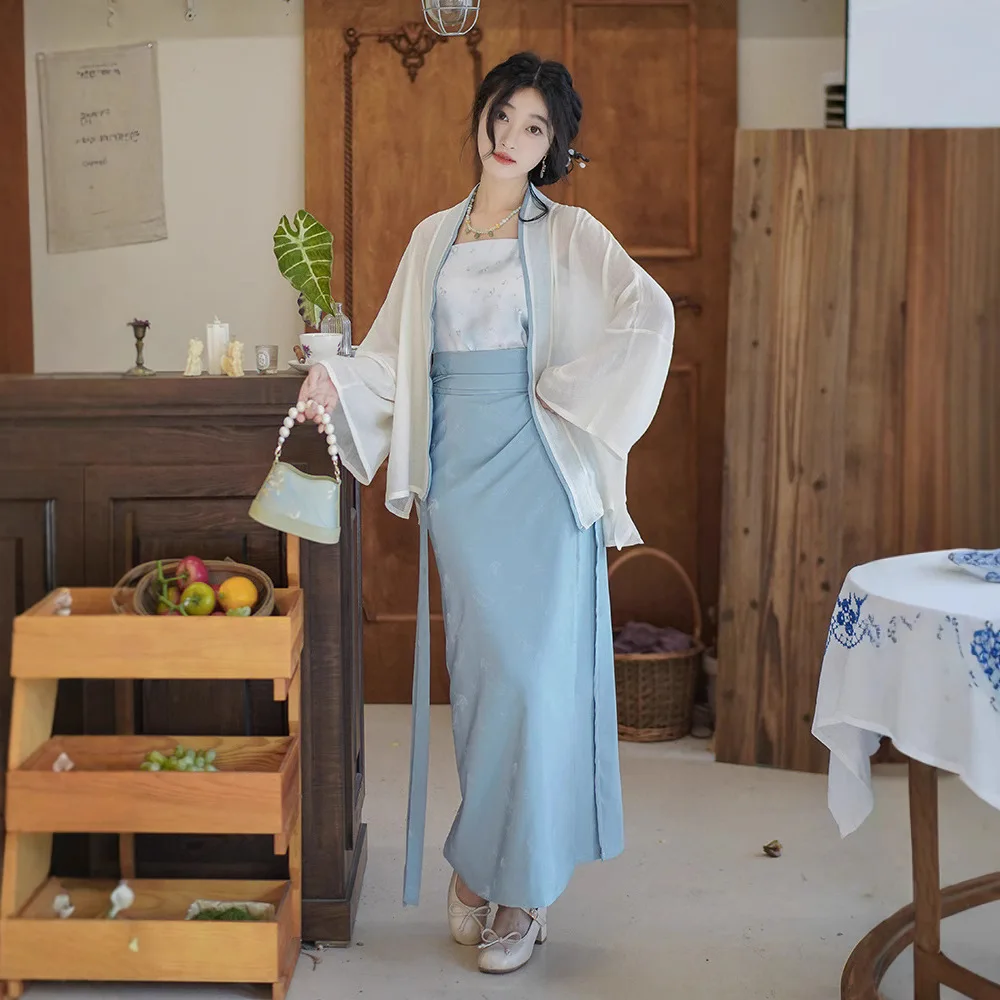 2025 신곡 왕조 스타일 여름 자카드 새틴 트월 스커트 여성용 한복 중국 스타일