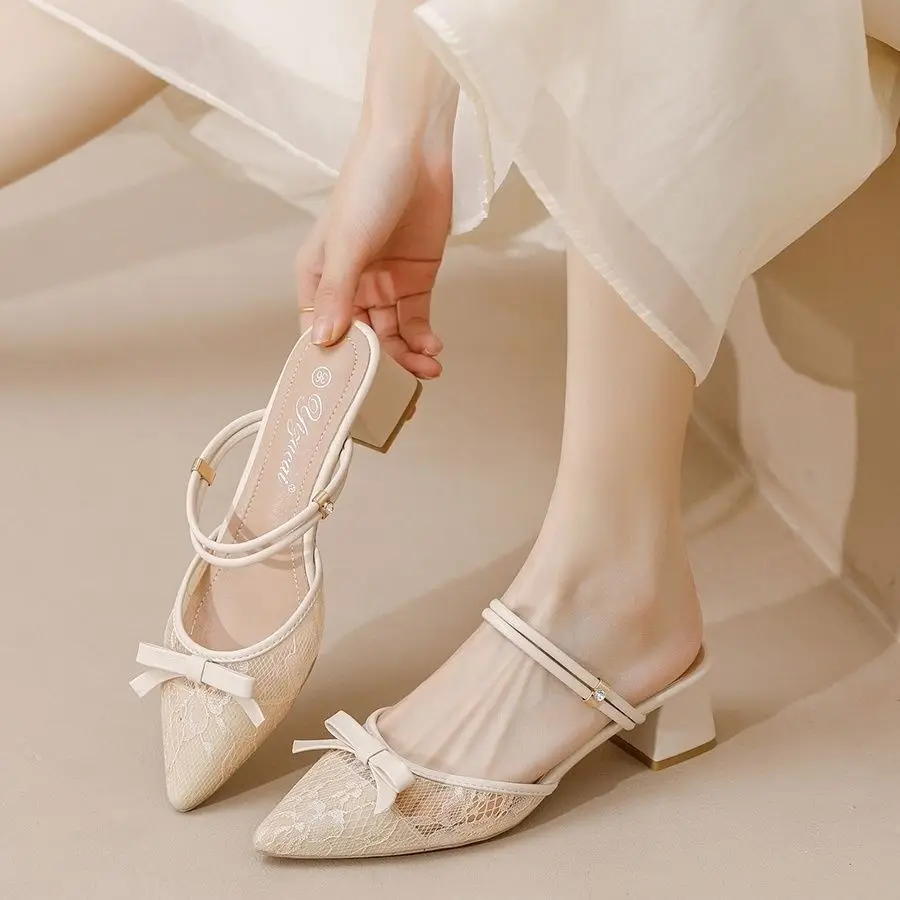 Beige Women\'s Shoes Summer 2024 with Medium Heels Footwear Bow Lace Sandals for Woman Wholesale Trend H Vip on Offer Vintage F