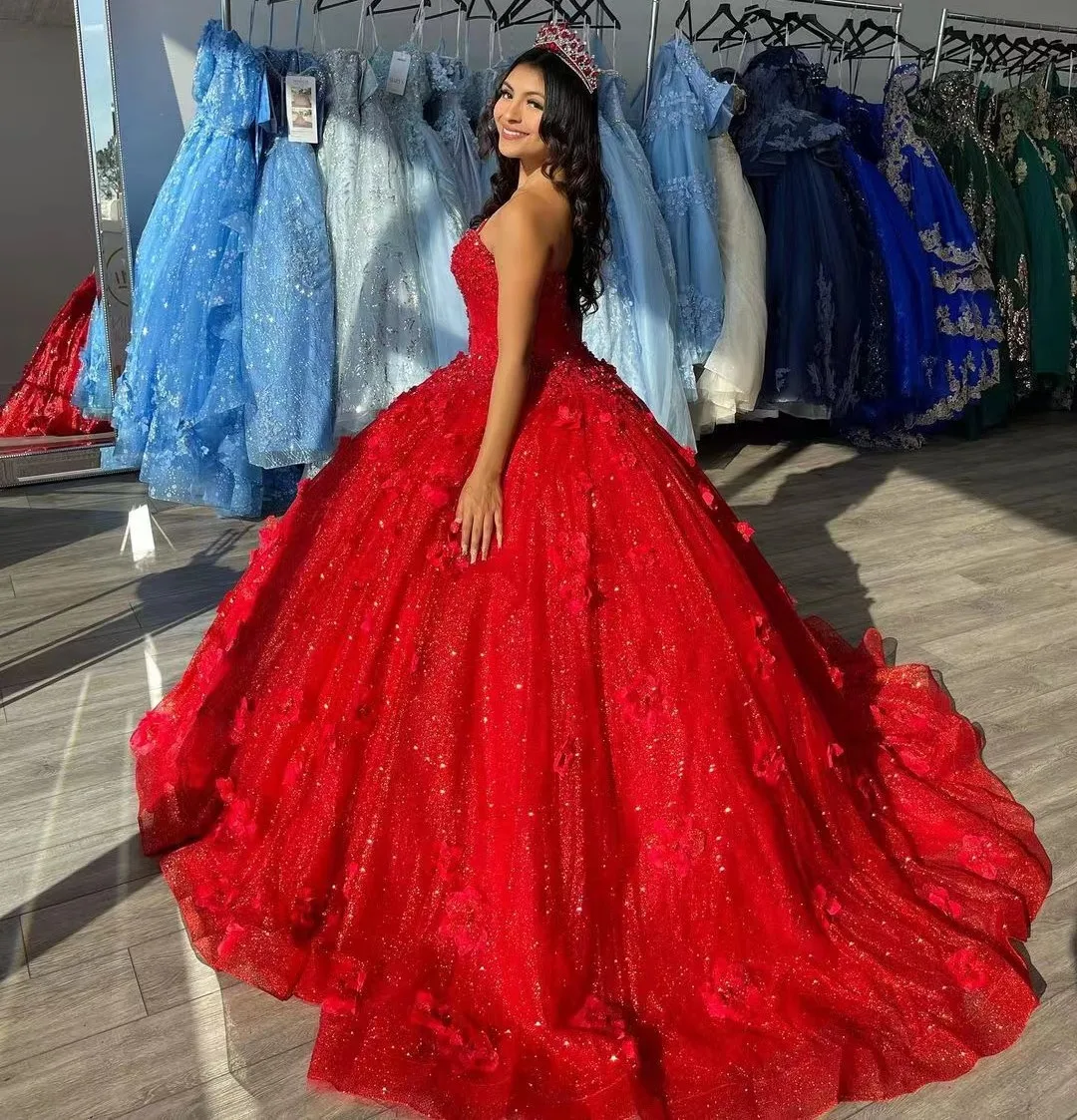 Vestidos De lentejuelas Rojas brillantes, cuadros reales, 15 Guinceañeras, escote Corazón, apliques De cuentas, Vestidos De baile, fiesta, graduación