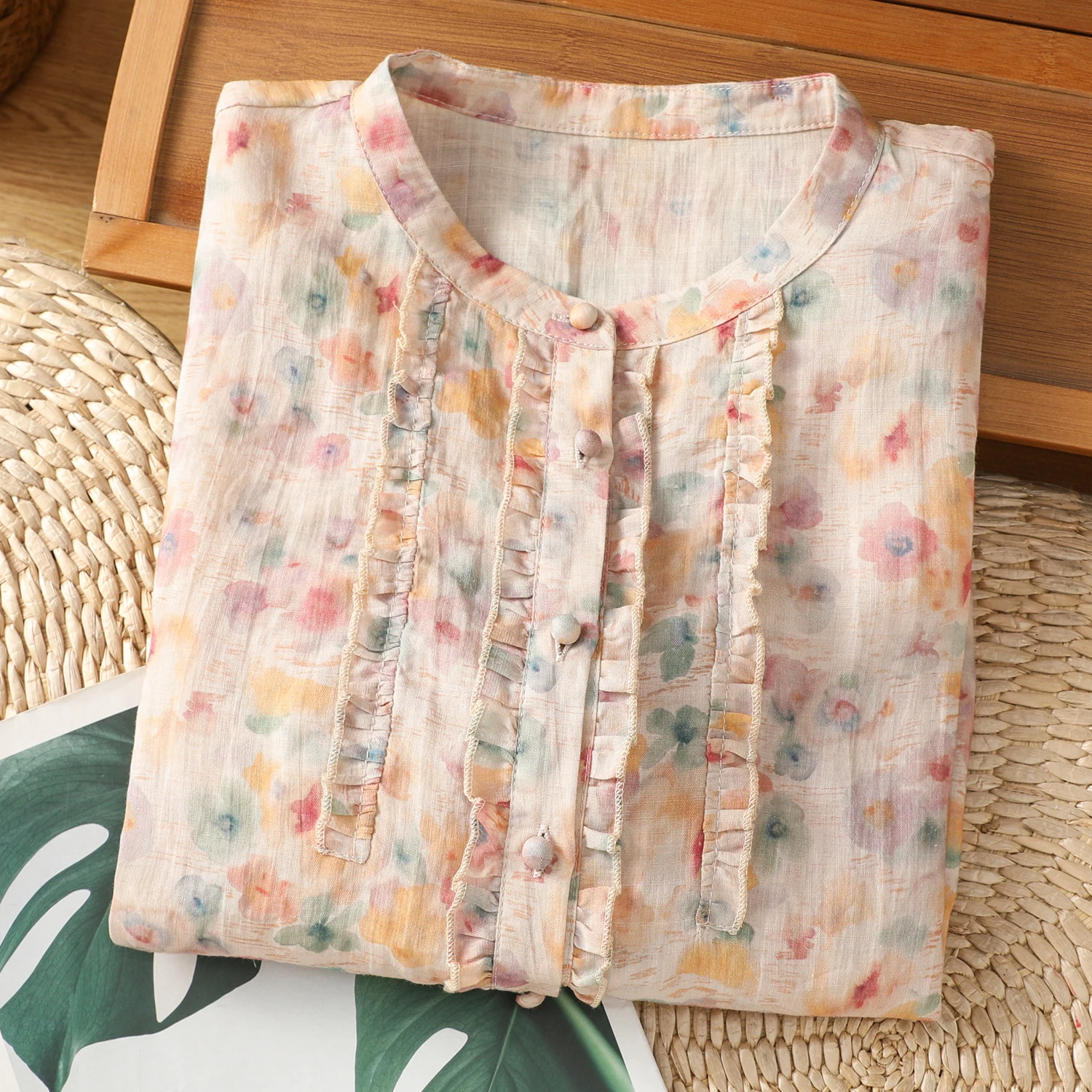 달콤한 면 혼방 반팔 여성 셔츠 여름 신상 플로럴 프린트 루즈핏 라운드넥 버튼업 캐주얼 탑