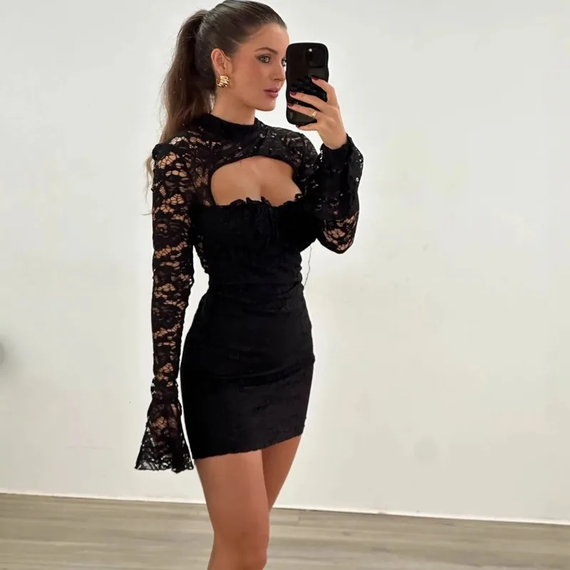 Lace Splice Chest Hollow Dress Women's Tight Waist Sexy Slim Flare Sleeve Mini Dress Solid Elegant Hot Girl Party Outfit