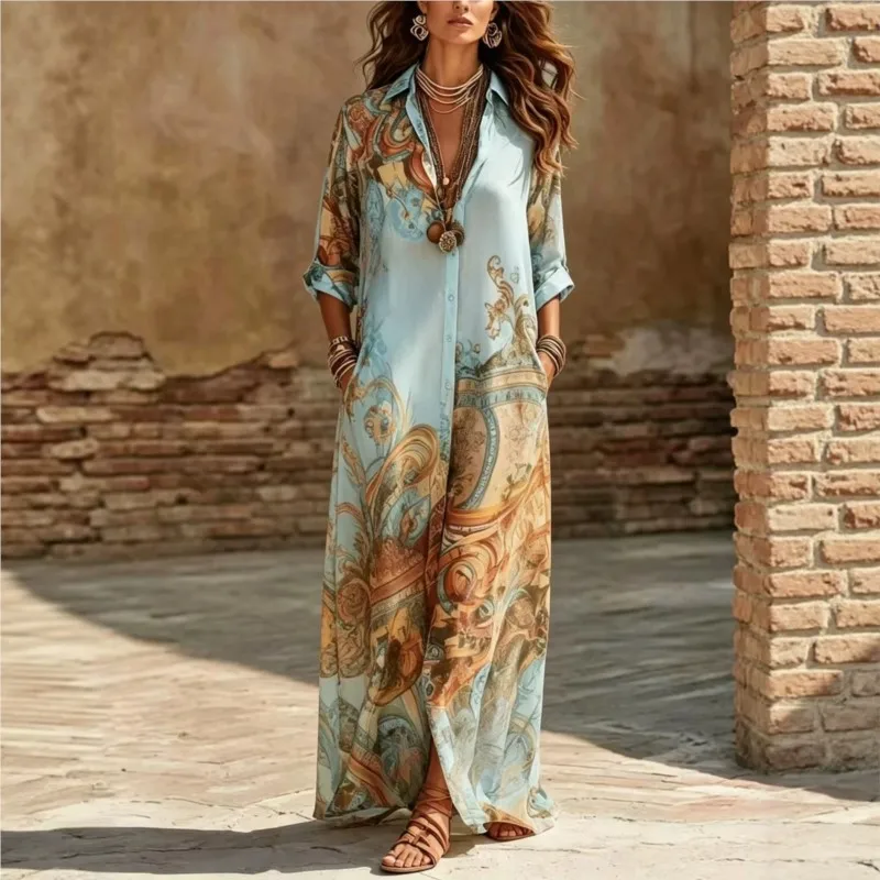 Retro Bohemia Printed Shirt Dress 2026 New Summer Long-Sleeved Single-Breasted Straight Maxi Long Dresses Female Casual Vacation