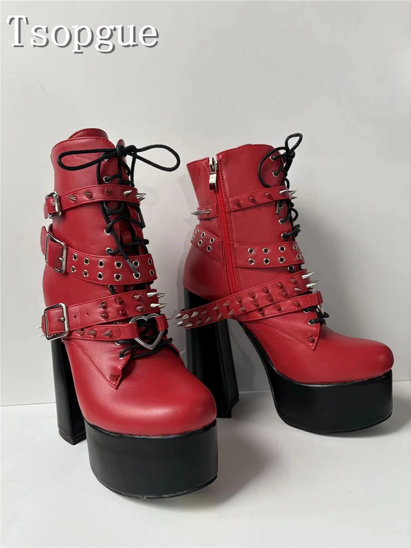 

Red PU Leather Rivets Platform Ankle Boots Women Autumn New Round Toe Belt Buckle Lace Up Punk Style High Heel Short Boot