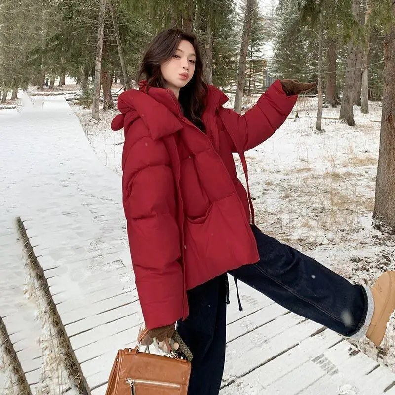 

Women's Padded Jacket Outdoor Daily Wear Winter Korean Version Jacket Cotton Red Hooded Thickened Warm Fashion Versatile Coat