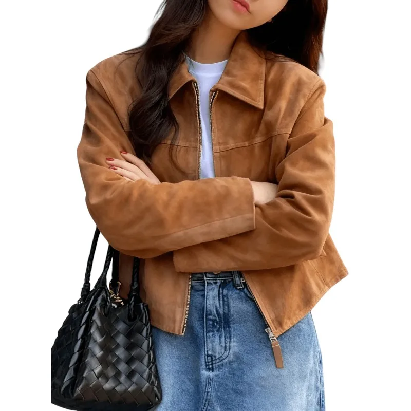 

Женская короткая куртка из искусственной замши на молнии с лацканами, повседневное уличное пальто для осенне-зимнего сезона