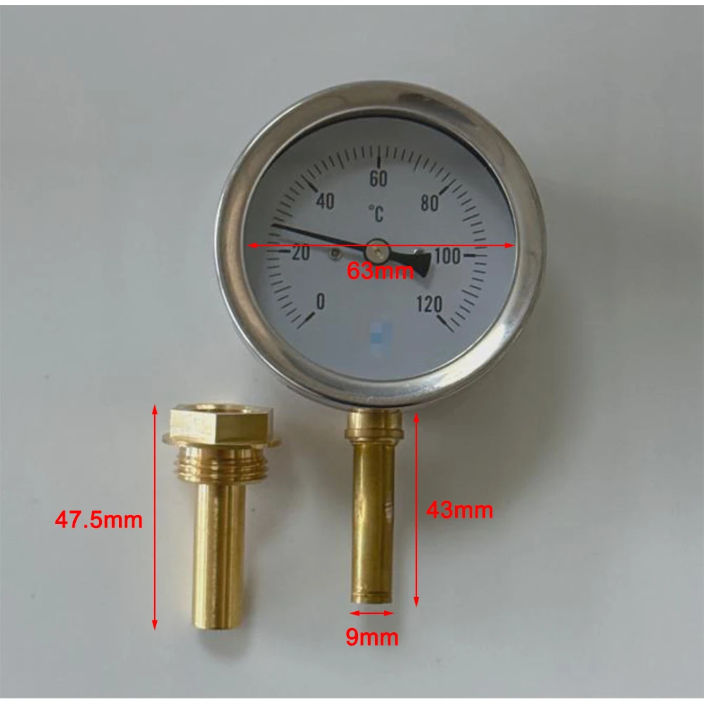 63mm Round Bimetal Thermometer with 0 to 120 for celsius Range and 1/2 Inch Copper Bushing for Boiler Radiator and Grill Use