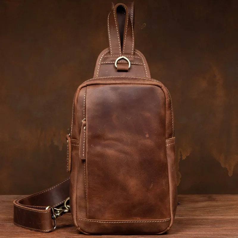 Crazy horse leather vintage chest bag top layer cowhide handmade genuine leather men's motorcycle shoulder bag single shoulder