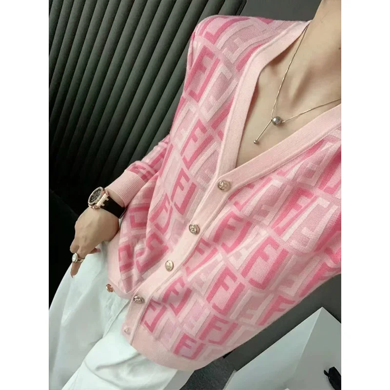 Office Lady Fashion V-neck Knitted Cardigan Autumn New Loose Casual V-neck Chic Button Sweaters Letter Jacquard Knitwear