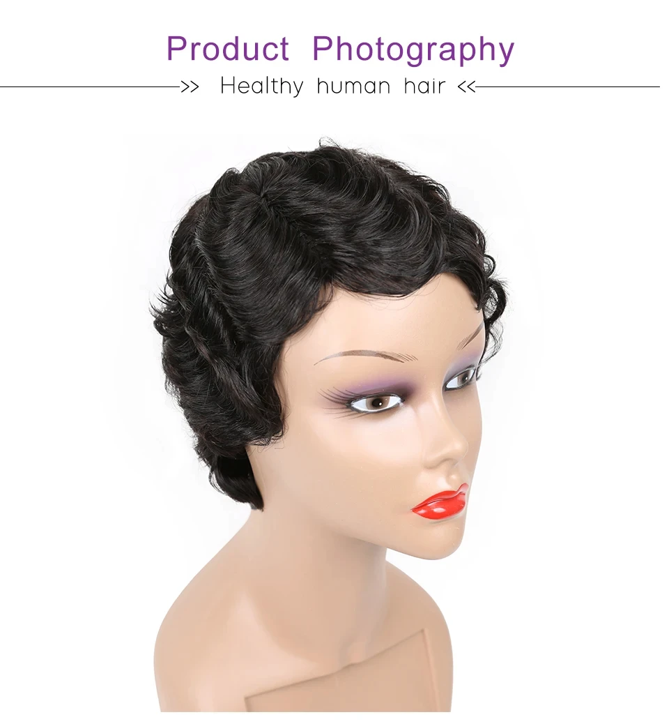 Short Pixie Cut Wigs Human Hair Machine Made Retro Finger Wave Wig Ocean Wave Real Hair Machine Made Wigs for Women,Easy to Wear