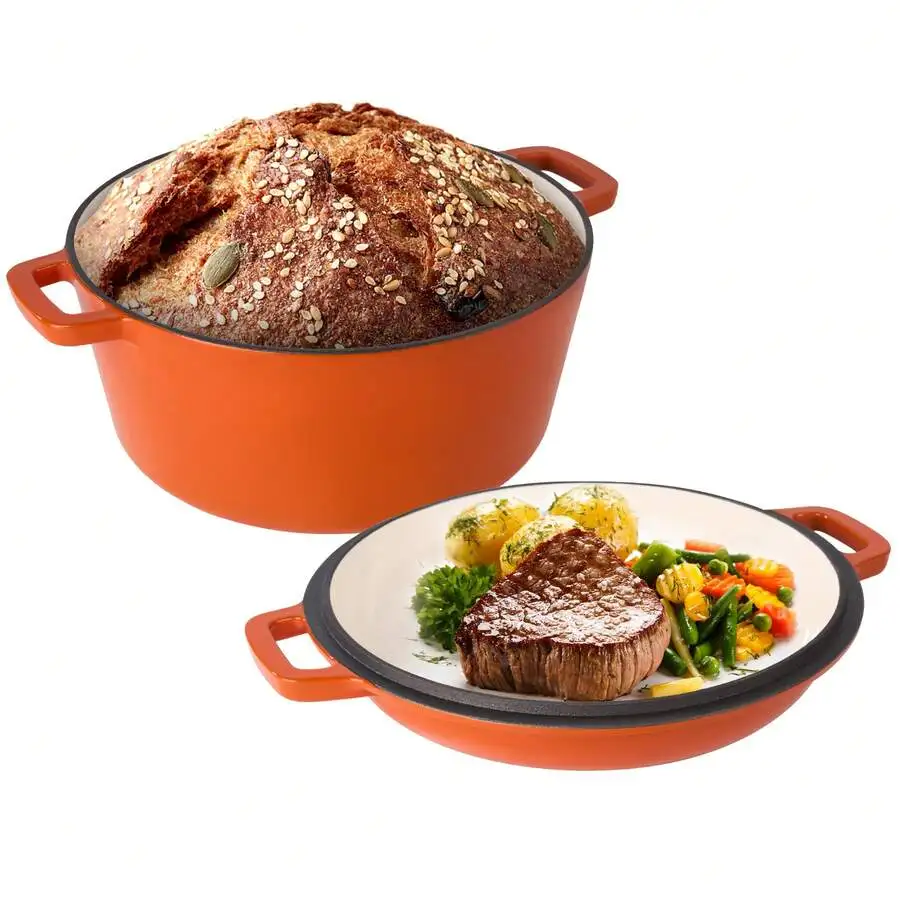 2-In-1 Enameled Cast Iron Dutch Oven, 6QT Dutch Oven, Suitable For Bread Baking, Stewing, Baking, Oven Suitable For A Variety Of