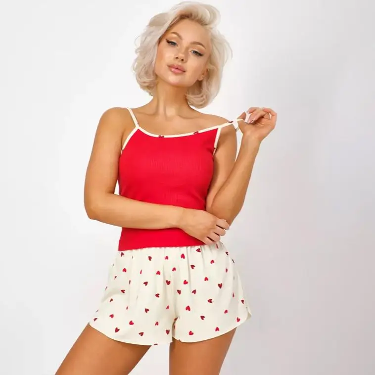 2025 Summer Heart Print Pajamas Set for Women Homewear Sexy Sling Crop Tops and Shorts 2 Pieces Suit Red Short Pijamas Sleepwear