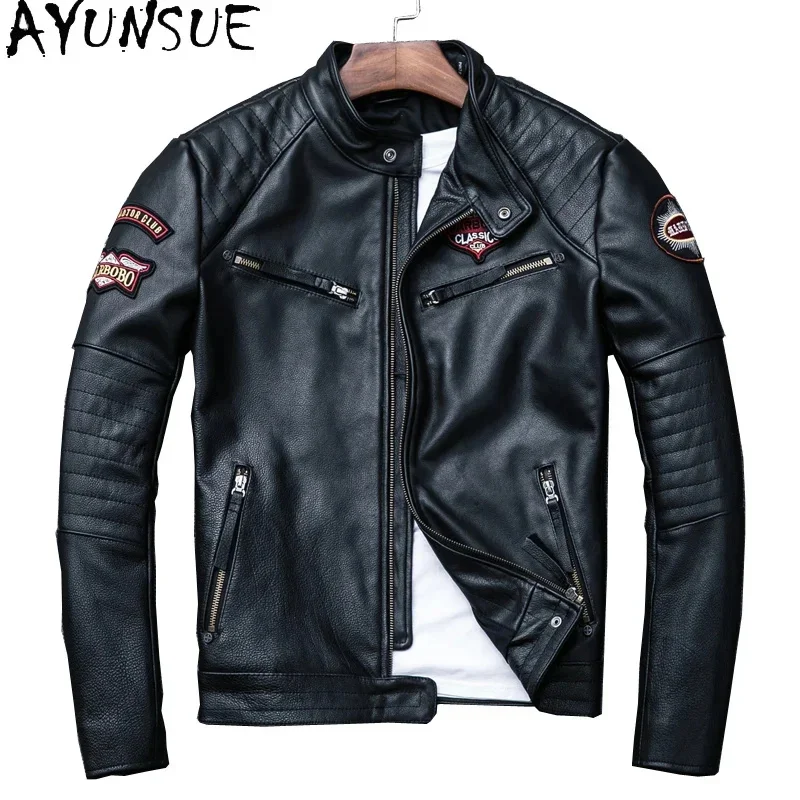 AYUNSUE Handsome Motorcycle Jacket Cowhide Genuine Leather Mens Clothing Autumn Coats Jaquetas Masculina De Couro Slim Fit