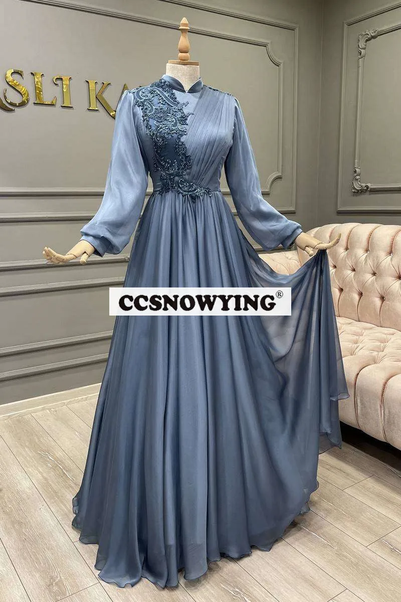 

Chiffon Appliques Muslim Hijab Evening Dresses Full Sleeve Islamic Formal Party Gown Women Arabic Kaftan Robe De Soiree