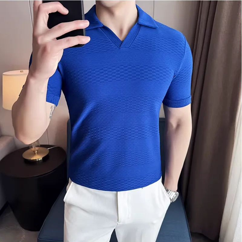 Summer Ice Silk Short Sleeve Polo Shirts 2026 New Fashion Solid Casual Versatile T-shirt Fitness V Neck Classic Men's Tops