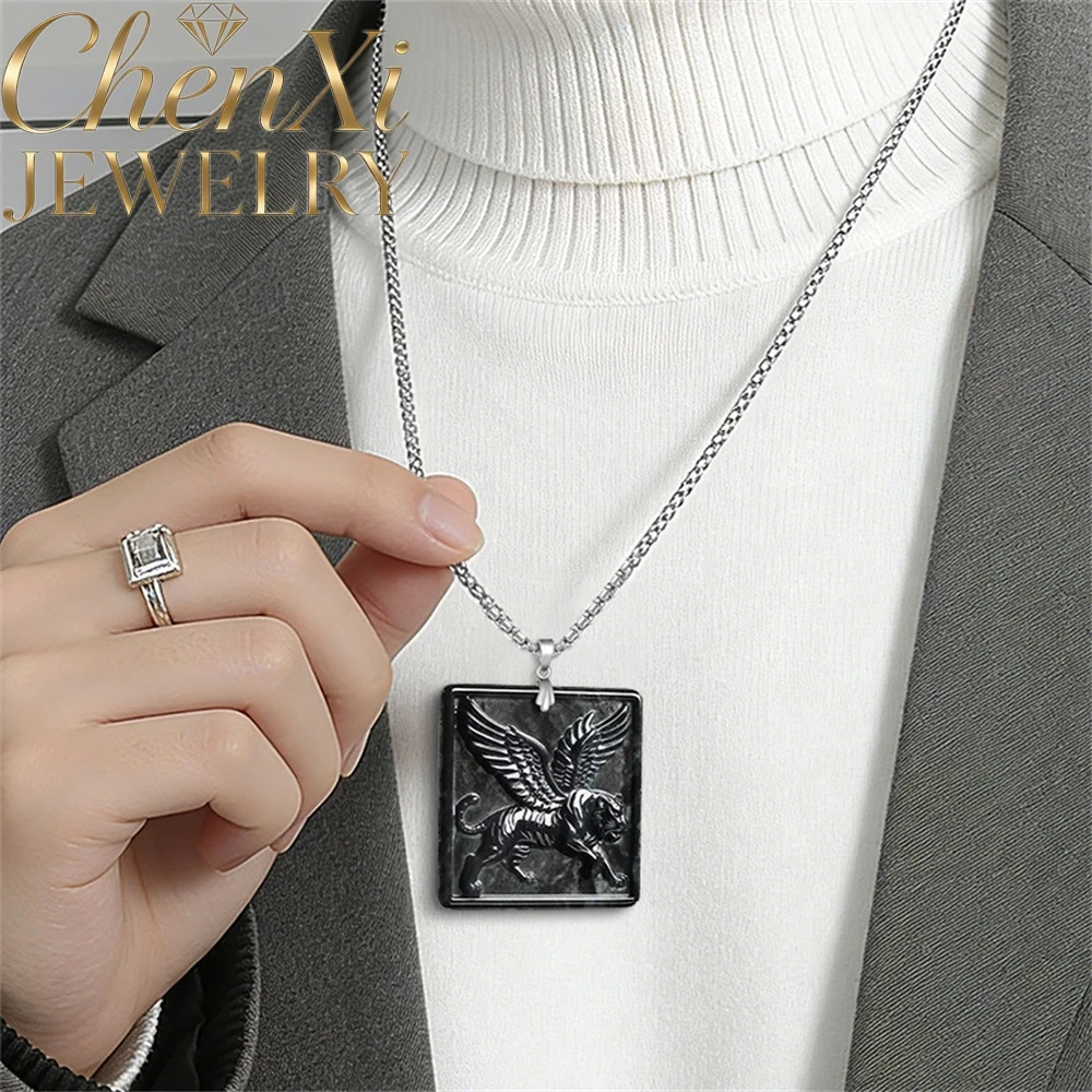 

S925 Silver Natural Burmese A-Grade Black Jadeite Adding Wings Tiger Pendant Retro Fashionable Popular Exquisite Jewelry Gift