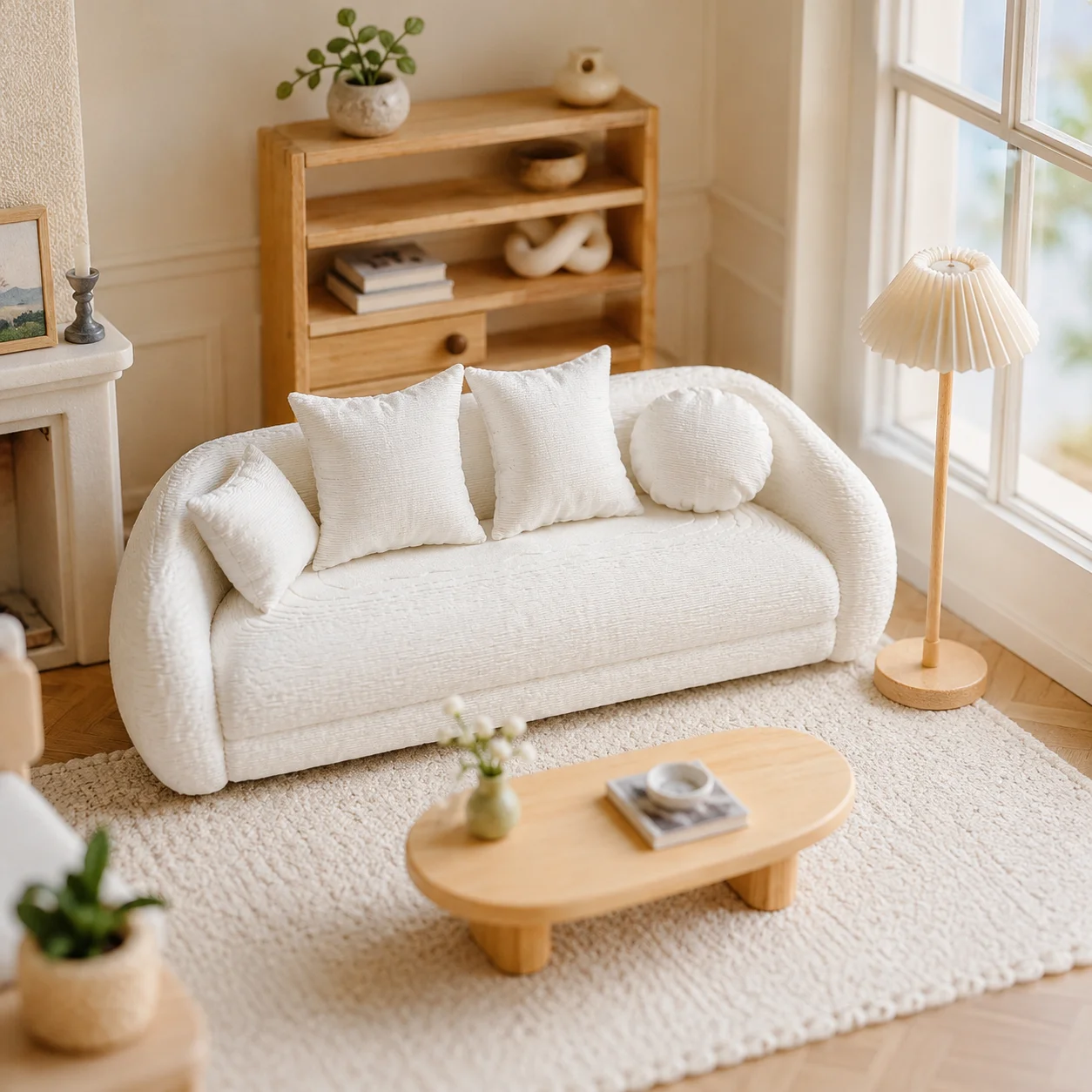 Weißes Sofa-Modell für Puppenhäuser mit Kissen, Miniatur-Wohnzimmermöbel-Dekoration, Zubehör für kleine Haus-Szenen. – Detail 2