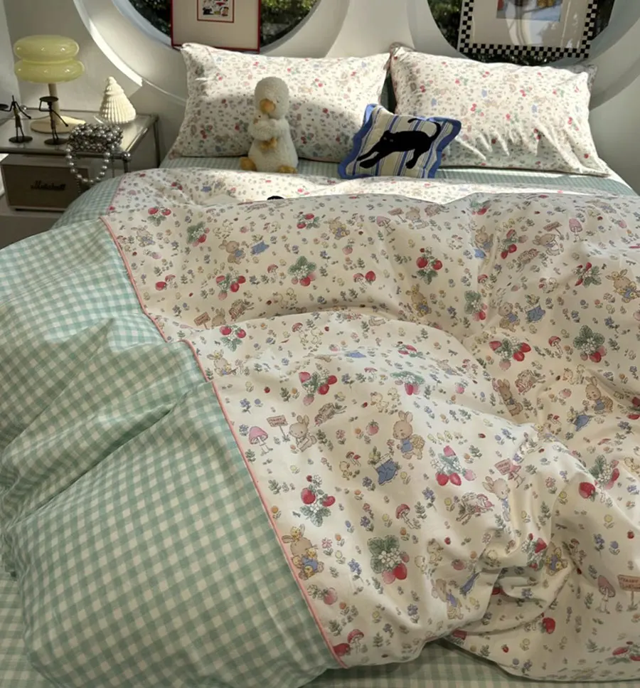 

Fresh fashion rabbit flower mushroom green plaid bedding set,full queen cotton home textile bed sheet pillow case quilt cover