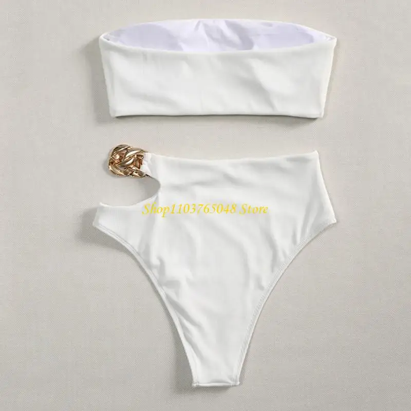 R53E Women Sexy 2pcs Set Bandeau Ribbed Swimsuit Cutout Waist Chain Beachwear