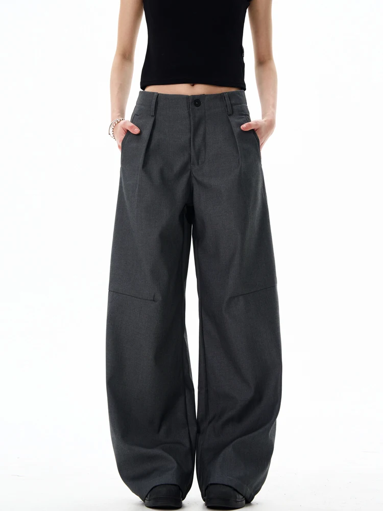 Gray American Retro Suit Pants Loose Straight Leg Trousers for Men And Women Commute Long Trousers Youth Casual Polyester Blend