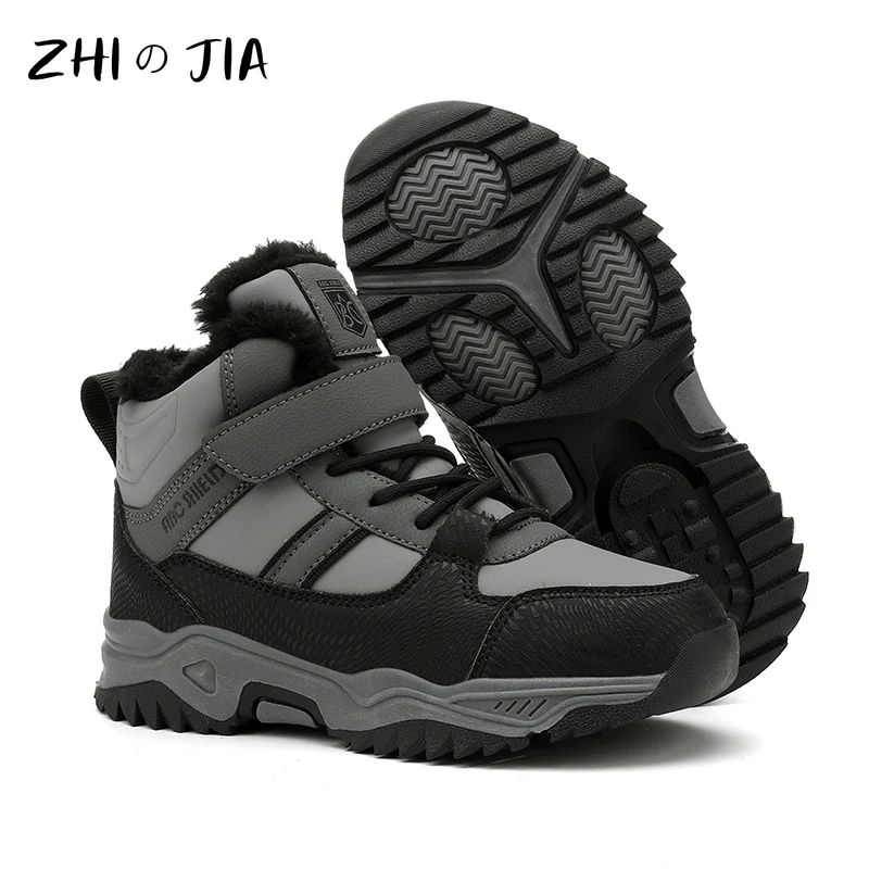 Winter Anti Slip Mountaineering Shoes Children's High Top Sneaker Boys Outdoor Snow Cold Resistant Plush Warm Shoes 31-40