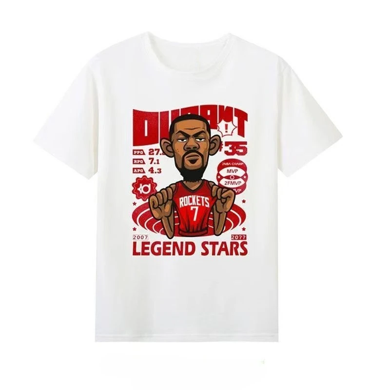 2026 الصيف الرجال كيفن ديورانت رسالة الكرتون المطبوعة كرة السلة 100% القطن تنفس قصيرة الأكمام محايد الشارع تي شيرت #2