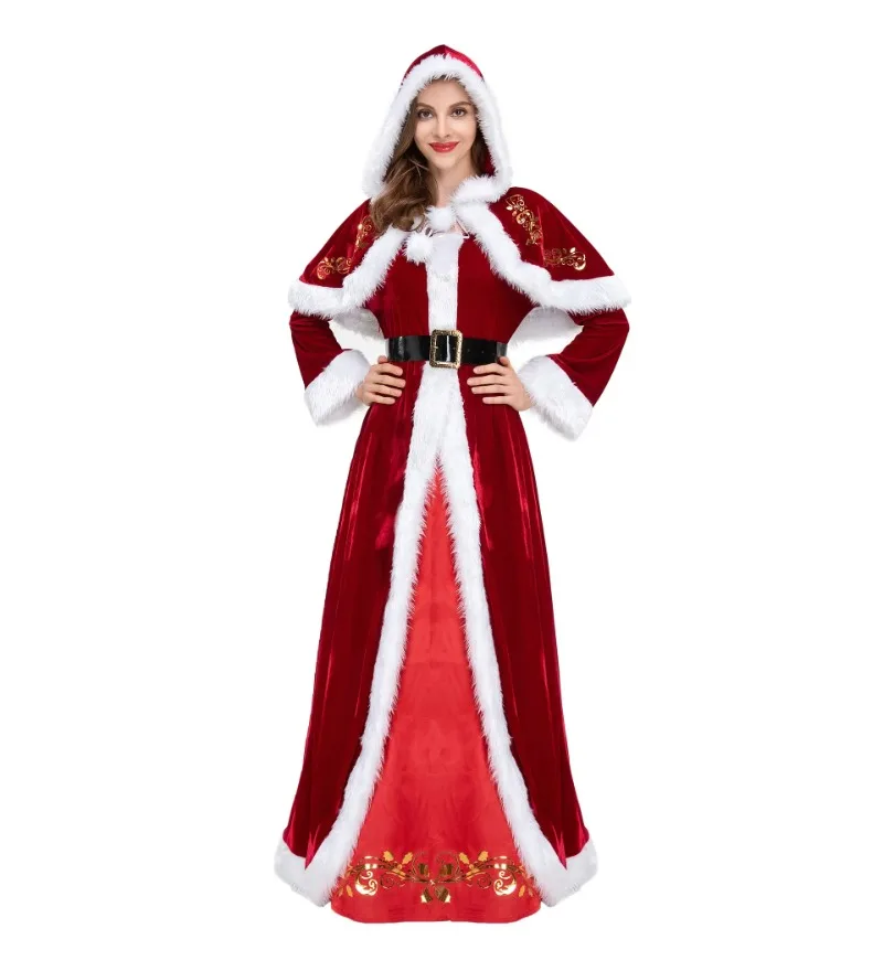 

Red Deluxe Velvet Santa Claus Costume New Year Xmas Party Adult Women Christmas Queen Cosplay Fancy Dress