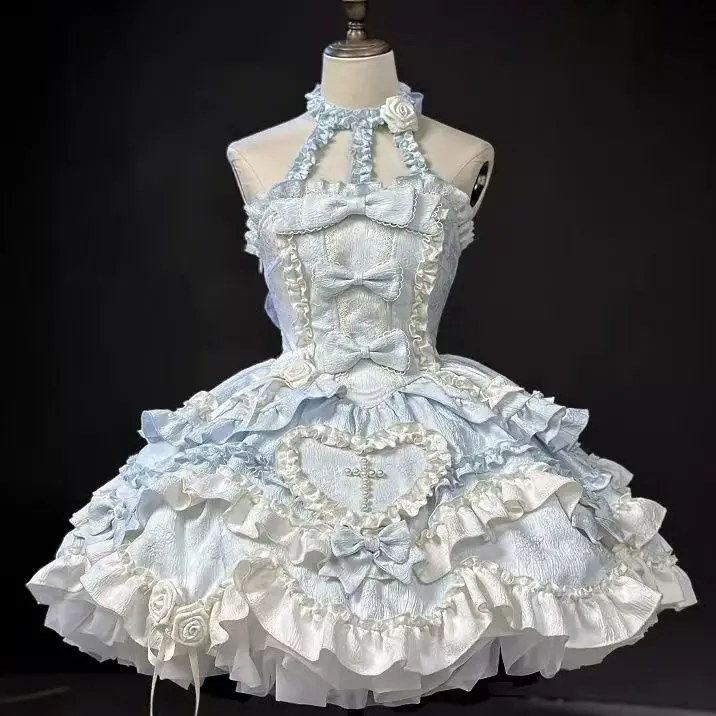 2026 New Sweet Lolita Dress Women Ruffled Lace Halter Neck Cute Dress Bow Princess Party Dress Kawaii Gothic Cosplay Costume - Image 2