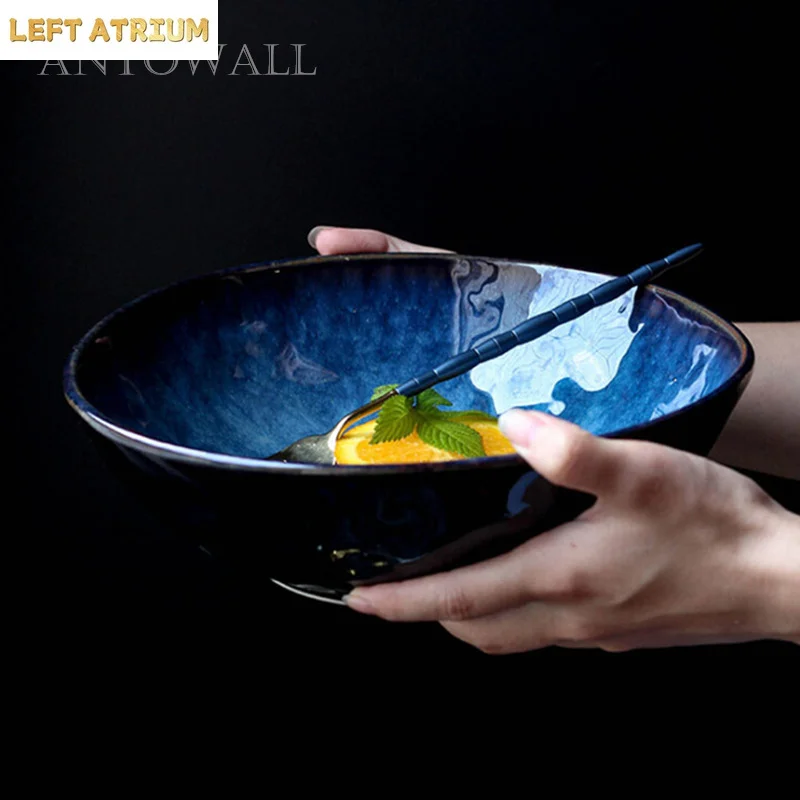 ANTOWALL Kiln Glaze Tableware Bowl Dim Blue Ceramic Soup Ramen Bowl Western Food Fruit Salad Bowl