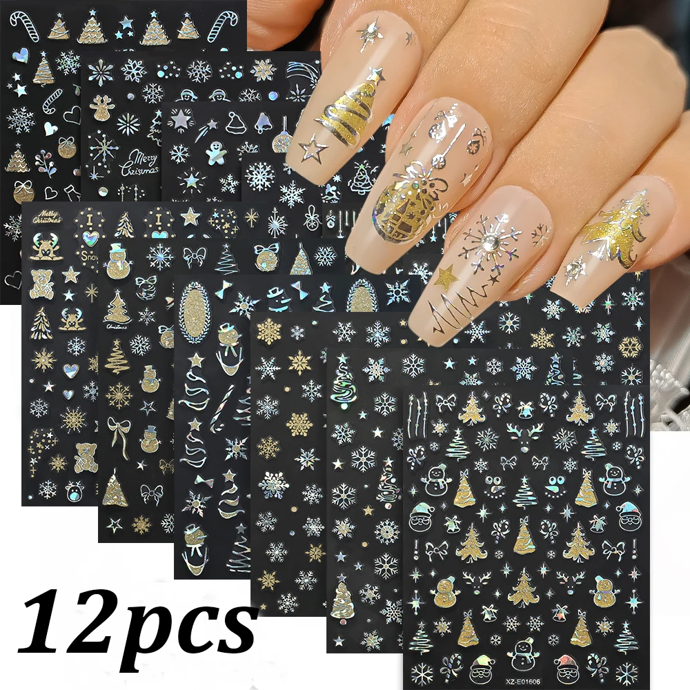

12pcs Christmas Laser Silver Snowflakes Nail Sticker 3D Holo Sparkly Reindeer Bell Santa Claus New Year Nail Slider Xmas Decals*