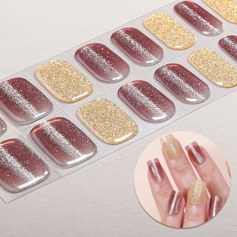 22Tips Glitter Cat Eyes UV-Free Gel Nail Sticker Gradient Full Cover Long Lasting Gel Polish Nail Strips DIY Manicure Decoration