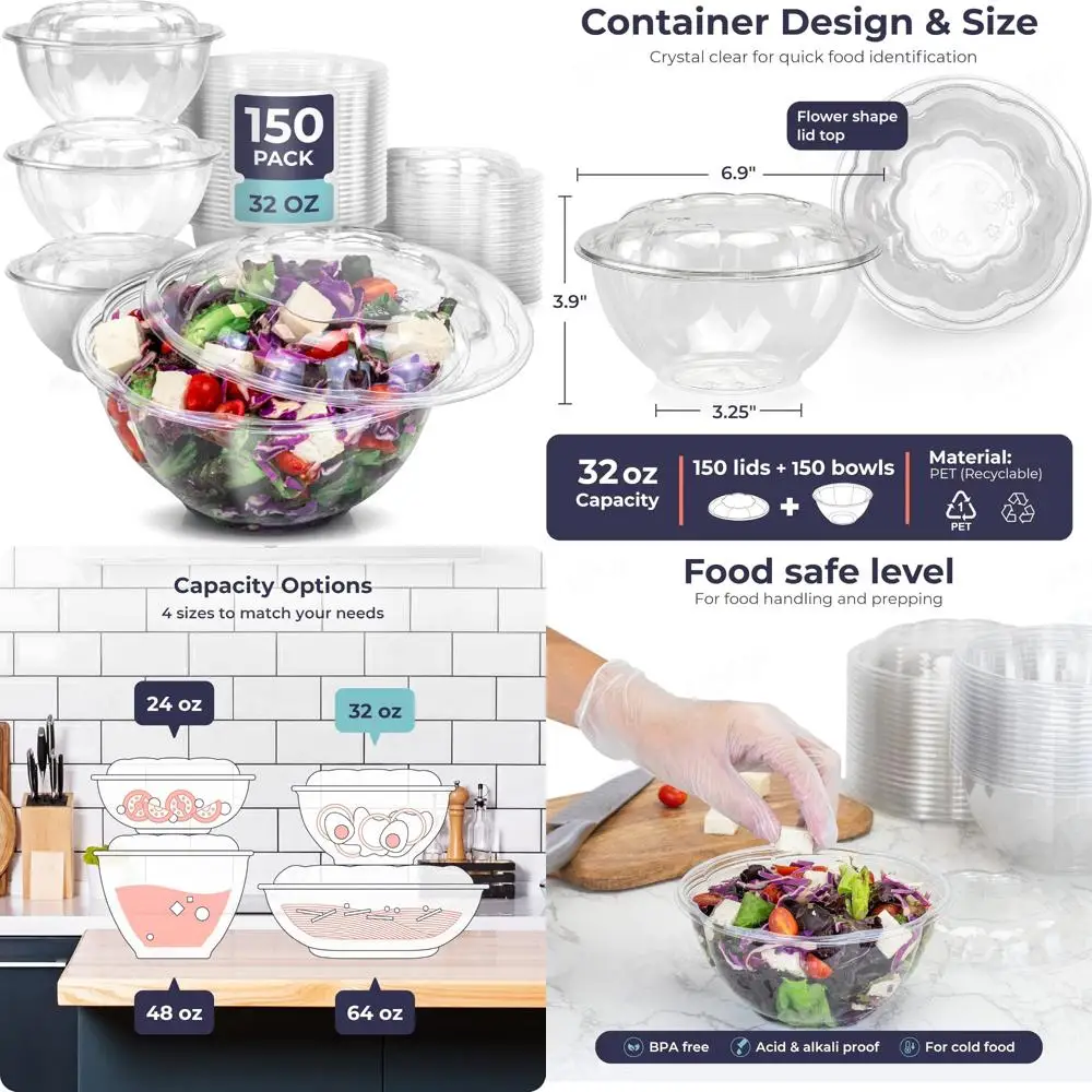 

Одноразовые прозрачные пластиковые салатники с герметичными крышками для приготовления еды, обеда, выноса, вечеринок и общественного питания — упаковка 150, 32 унции
