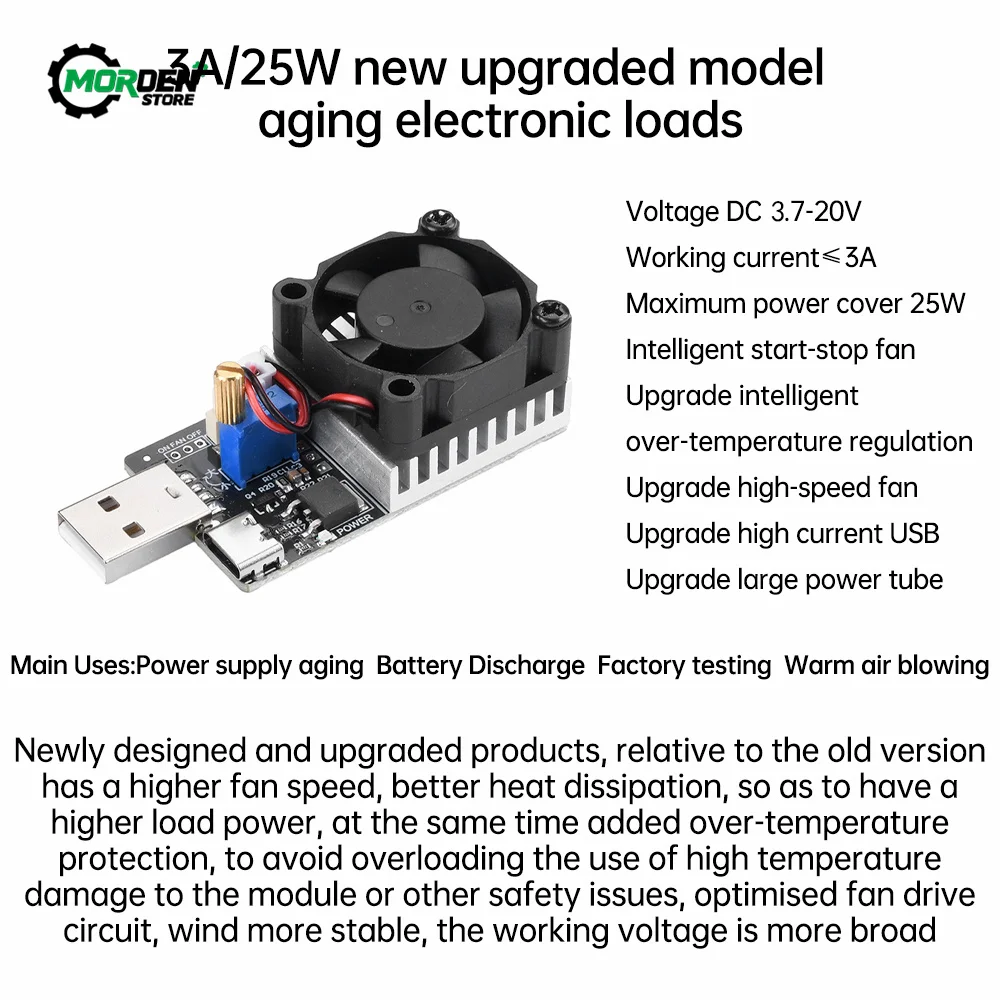 DC 3.7-20V 3A  25W Load Tester Electronic Test Resistor Module USB&Type C Interface Adjustable Constant Current with Cooling Fan