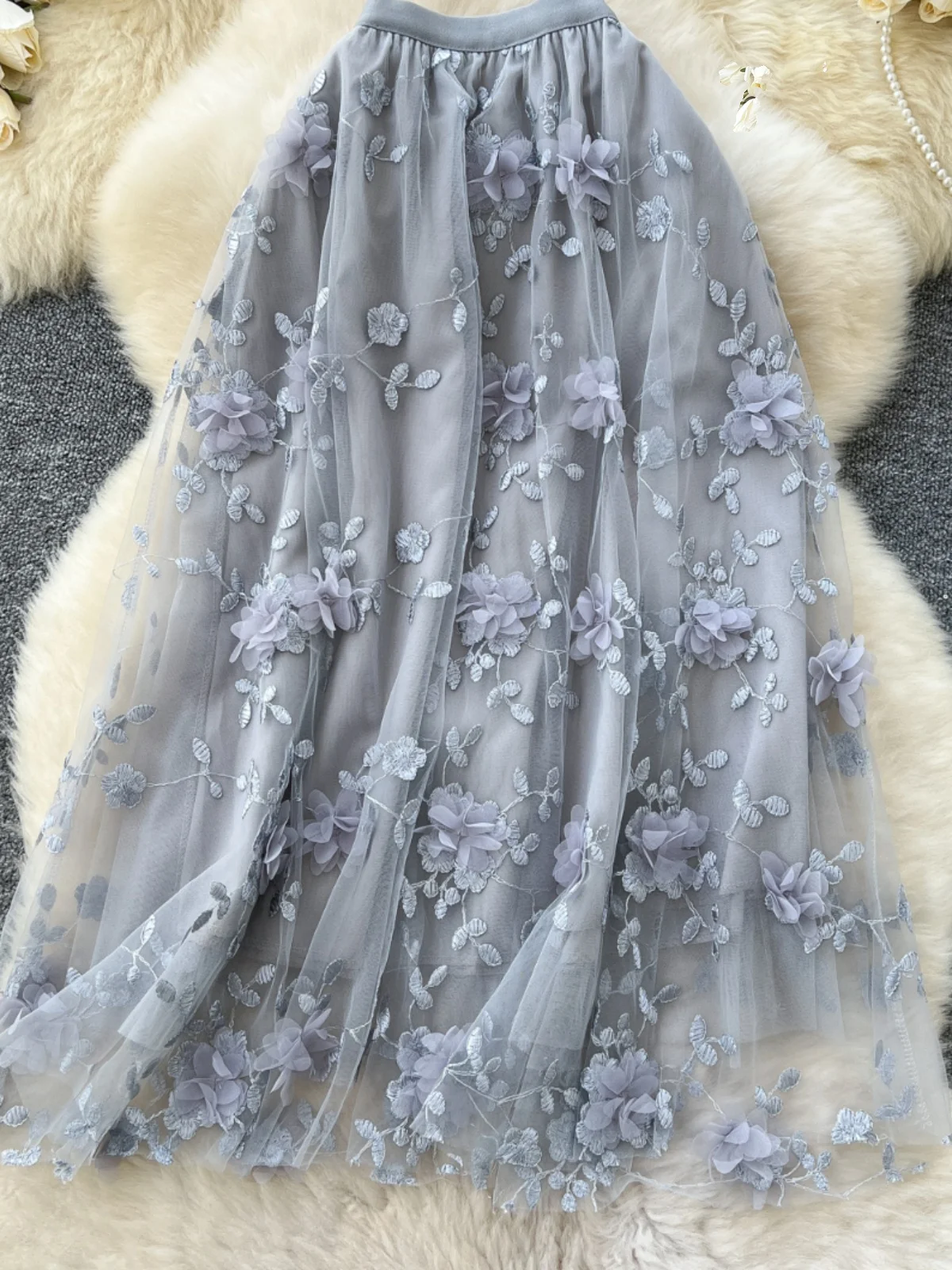

Ele Embroidered Net Skirt High Waist Slim Fit A-Line Midi Skirt Gentle Sle Commute Korean Version Winter Collection