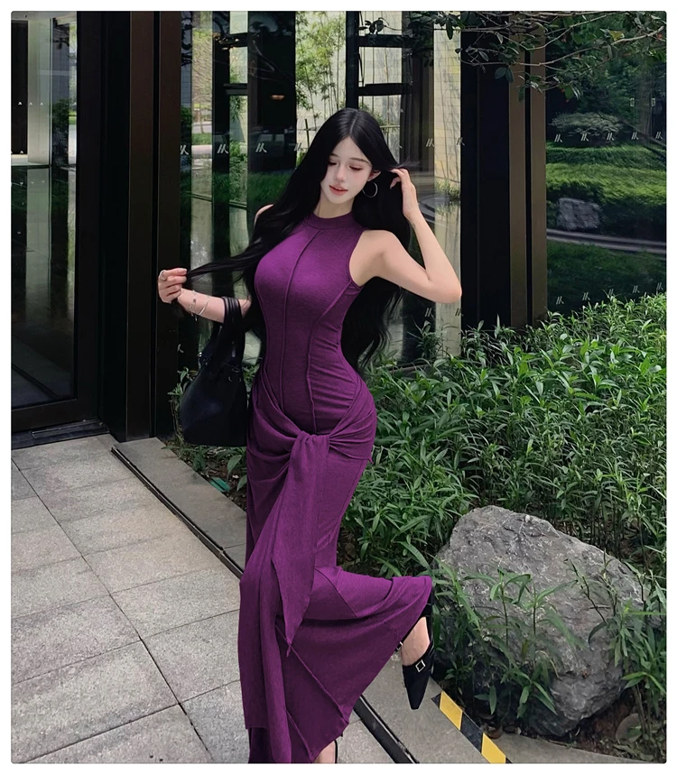 Coreano estate viola girocollo fasciatura gilet abito lungo donna nero grigio senza maniche festival abito avvolgente sottile abito casual nuovo
